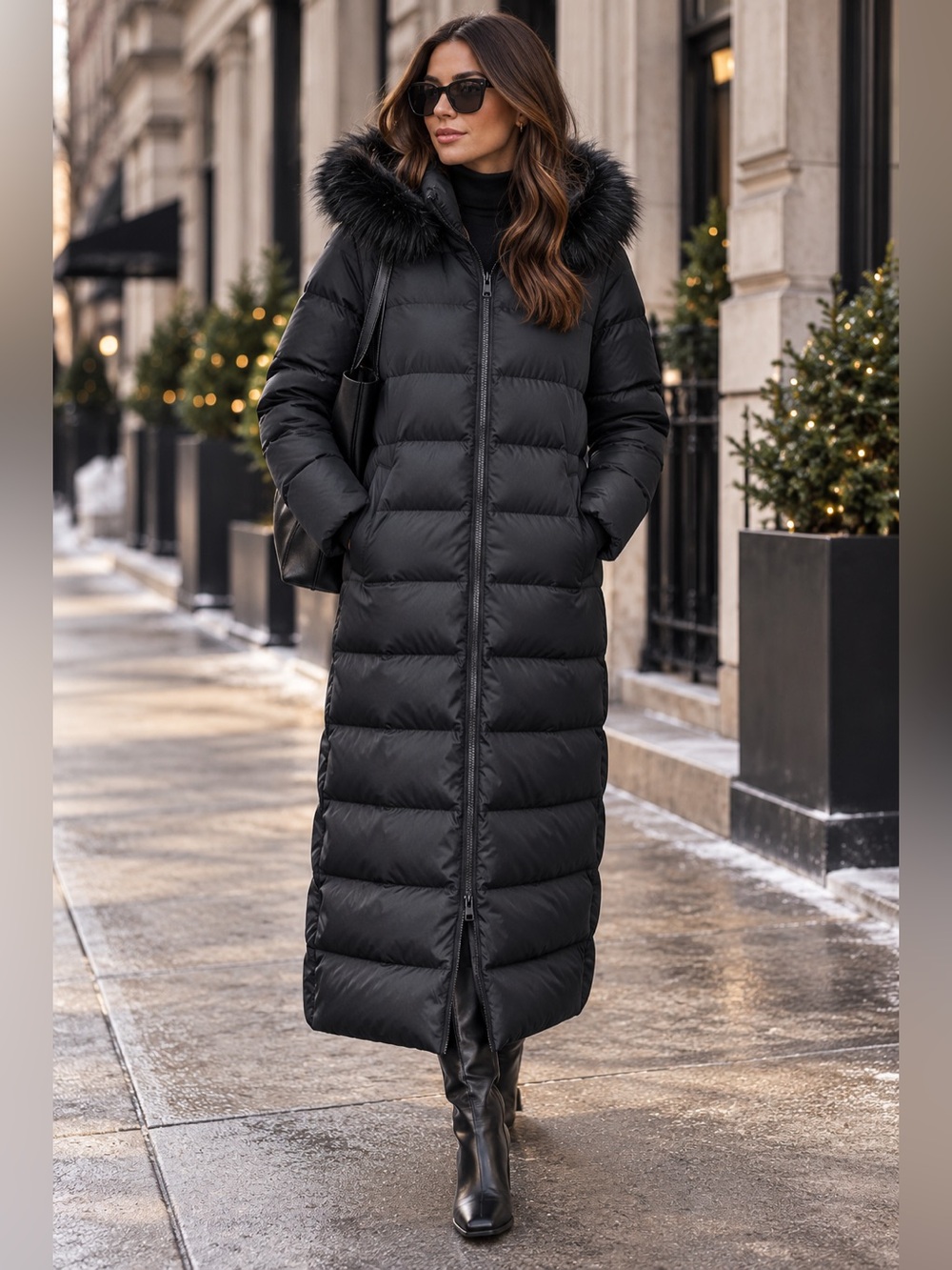 Lands' End Hooded Maxi Down Coat Black Faux Fur Trim Long Puffer 502832 Large
